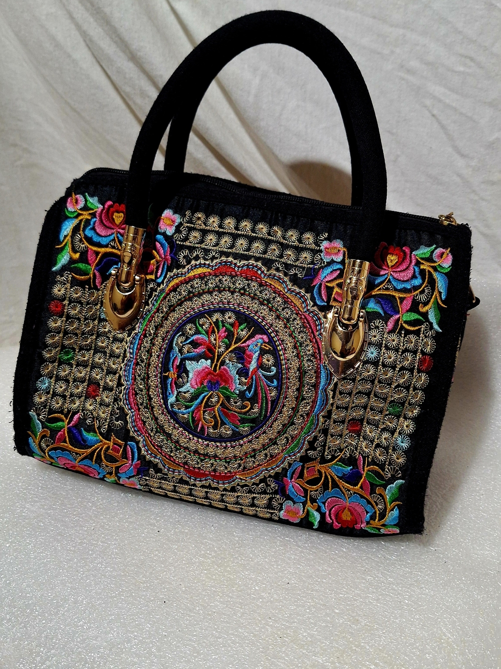 Hand-Embroidered Black Floral Tote Bag with Gold Hardware